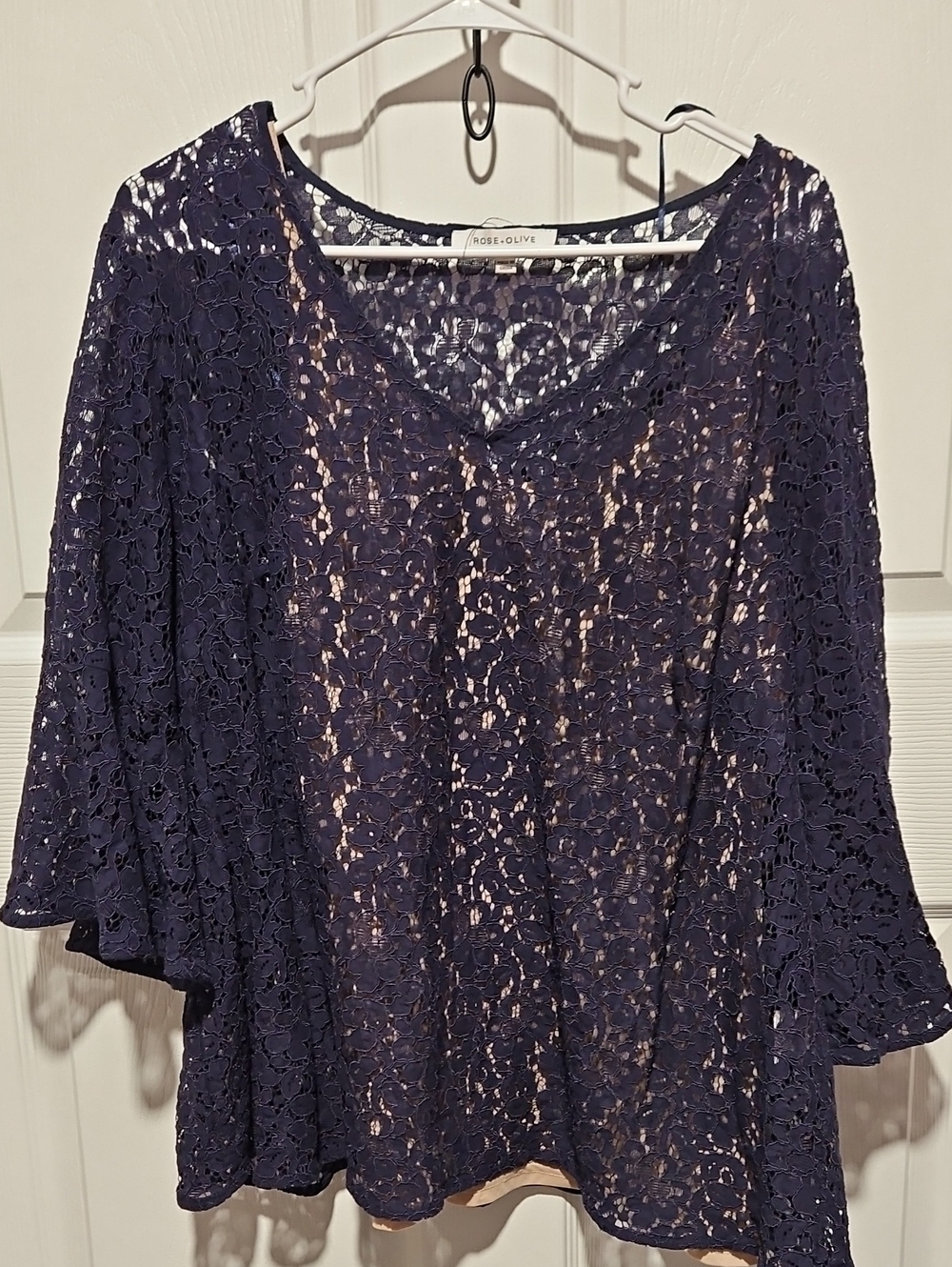 Rose & Olive Navy Floral Lace V-Neck Blouse